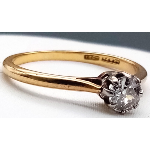 591 - A Vintage 18K Yellow Gold Diamond Solitaire Ring. 0.20ct bright round cut diamond. Size M 1/2. 1.9g ... 