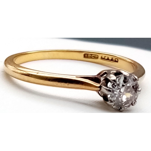 591 - A Vintage 18K Yellow Gold Diamond Solitaire Ring. 0.20ct bright round cut diamond. Size M 1/2. 1.9g ... 