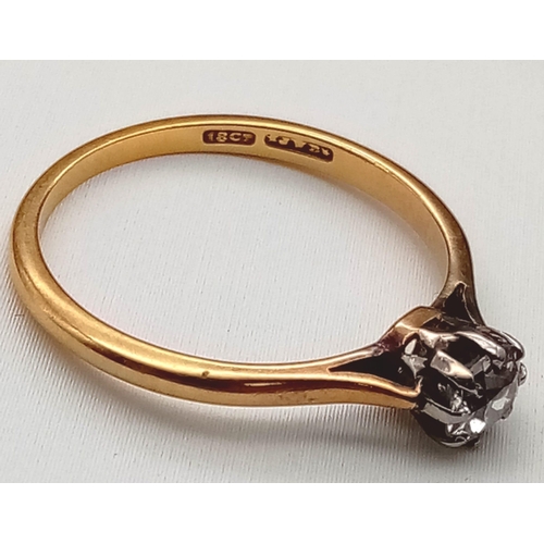 591 - A Vintage 18K Yellow Gold Diamond Solitaire Ring. 0.20ct bright round cut diamond. Size M 1/2. 1.9g ... 