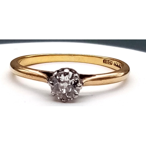 591 - A Vintage 18K Yellow Gold Diamond Solitaire Ring. 0.20ct bright round cut diamond. Size M 1/2. 1.9g ... 