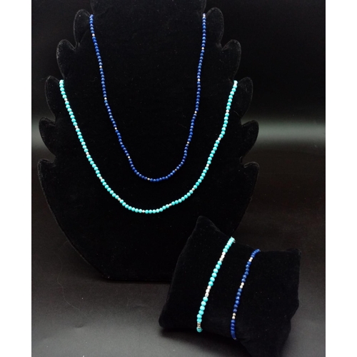 1127 - Two Delicate Lapis Lazuli and Turquoise - Bracelet with matching necklace sets. Silver clasps. Brace... 