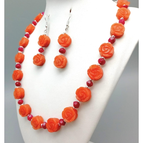 210 - A highly unusual carnelian and ruby necklace and earrings set. Hand carved, rose shaped, carnelian b... 