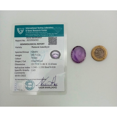 497 - A 40.71ct Bolivian Amethyst Gemstone. ITLGR Certified. Rated AAA Deluxe.