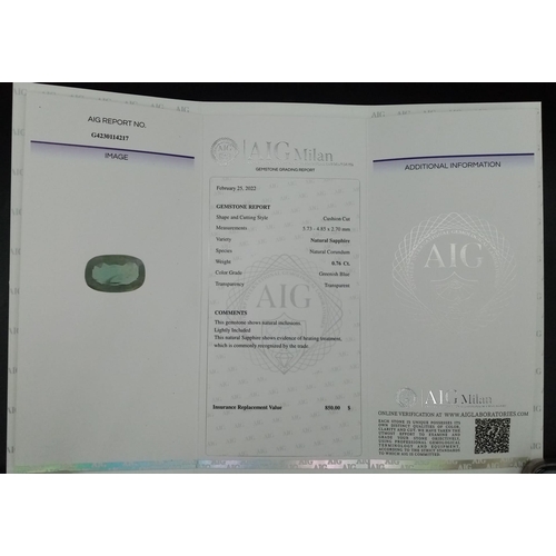 532 - A 0.76ct Blue Sapphire. Eye Clean, Sealed Gemstone. Comes with AIG Milan certificate.