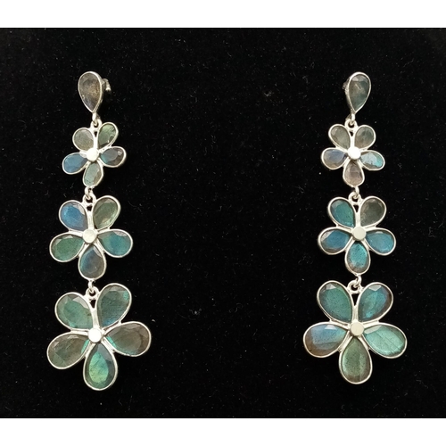 618 - A Pair of Labrodorite Gemstone Flower Shape Dangler Earrings (6cm) set in Silver with a matching Nec... 