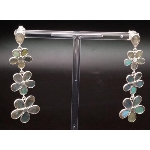 618 - A Pair of Labrodorite Gemstone Flower Shape Dangler Earrings (6cm) set in Silver with a matching Nec... 