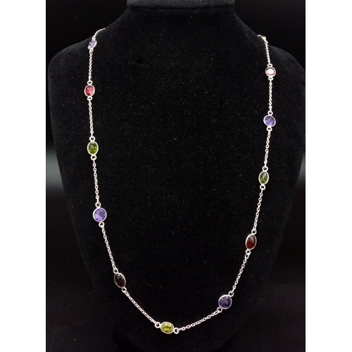 637 - A Multi-Gemstone Necklace (70cm) - Includes: Garnet, Amethyst, Peridot with a pair of matching drop ... 