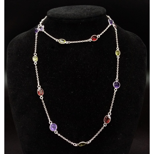 637 - A Multi-Gemstone Necklace (70cm) - Includes: Garnet, Amethyst, Peridot with a pair of matching drop ... 