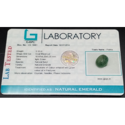 778 - A 3.12ct Emerald Gemstone. Comes with a certificate.