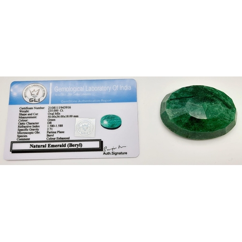 1190 - A 235 Ct Faceted Emerald. Oval Shape. Colour enhanced. GLI Certified