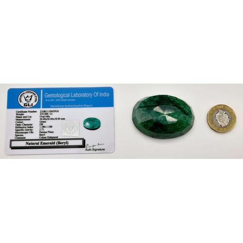 1190 - A 235 Ct Faceted Emerald. Oval Shape. Colour enhanced. GLI Certified