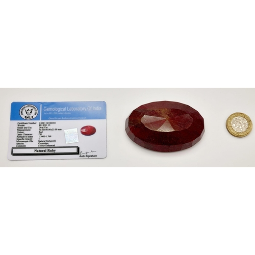 1197 - A 801.85 Ct Faceted Ruby. Colour enhanced. Oval Shape. GLI Certified.