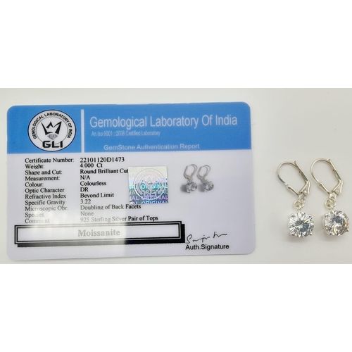 15 - A Pair of White Diamond (laboratory) Drop Earrings Set in 925 Silver. 4ct diamond total approx. 9mm ... 