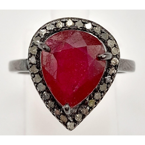 26 - A 5ct Antique-Style Pear Cut Ruby Gemstone Ring Set in 925 Silver - with 0.27ct of Diamond Surround.... 