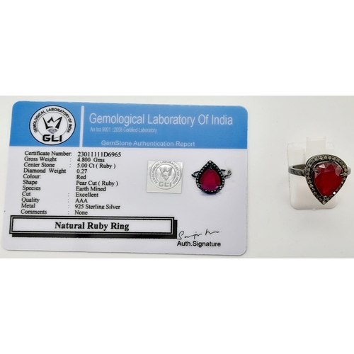 26 - A 5ct Antique-Style Pear Cut Ruby Gemstone Ring Set in 925 Silver - with 0.27ct of Diamond Surround.... 