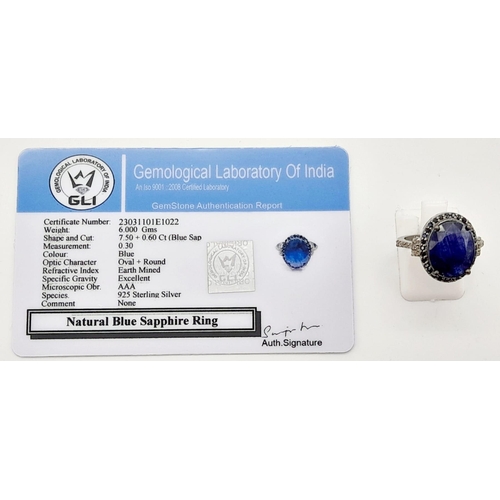 35 - A 7.50ct Blue Sapphire Gemstone Ring with 0.30ct diamond wings and 0.60ct blue sapphire surround. Si... 