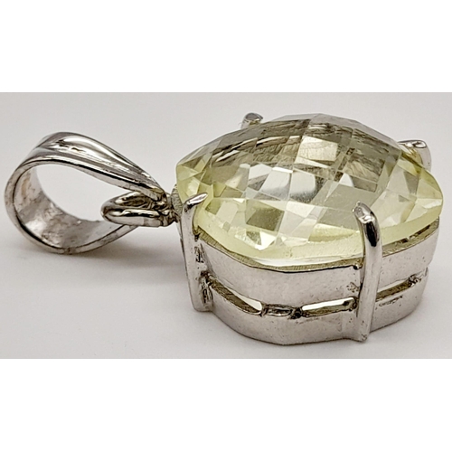 512 - A Lemon Quartz 925 Silver Pendant. Approx 20ct Gemstone. Checkerboard cut with a basket setting. 4cm