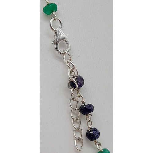 820 - An Emerald, Ruby and Sapphire Necklace with a Pair of Matching Drop Earrings. Necklace - 56cm. Drop ... 