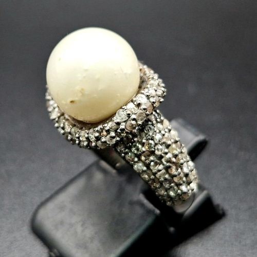 606 - An Art Deco Style 9ct South Sea Pearl Ring with 1.50ct of Diamond Accents. Set in 925 Silver. Size N... 