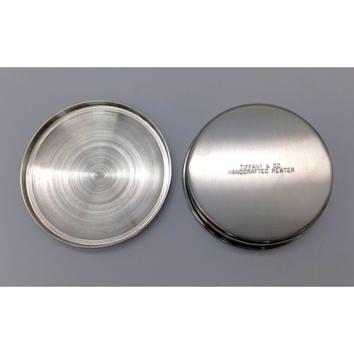 445 - A Hand-Crafted Tiffany and Co Pewter Circular Trinket Case. As new, comes in Tiffany Packaging. 8cm ... 