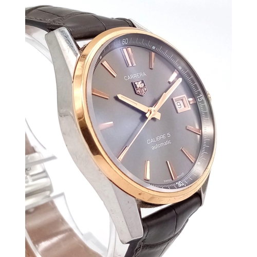 252 - TAG HEUER CARRERA CALIBRE 5 AUTOMATIC GENTS WRIST WATCH WITH ROSE GOLD BEZEL , SKELETON BACK AND LEA... 