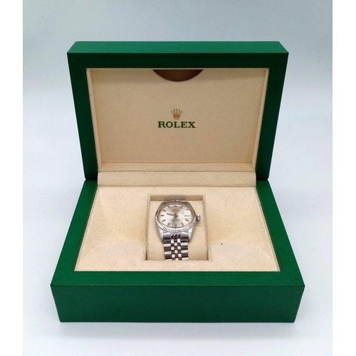 273 - ROLEX OYSTER PERPETUAL DATEJUST IN STAINLESS STEEL WITH SILVER TONE DIAL IN ORIGINAL BOX.  36mm