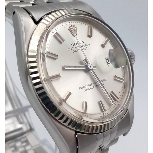 273 - ROLEX OYSTER PERPETUAL DATEJUST IN STAINLESS STEEL WITH SILVER TONE DIAL IN ORIGINAL BOX.  36mm