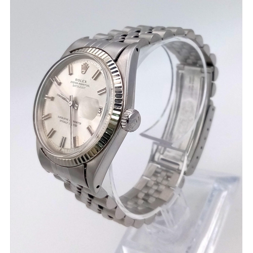 273 - ROLEX OYSTER PERPETUAL DATEJUST IN STAINLESS STEEL WITH SILVER TONE DIAL IN ORIGINAL BOX.  36mm