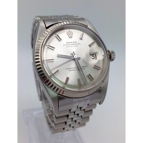 273 - ROLEX OYSTER PERPETUAL DATEJUST IN STAINLESS STEEL WITH SILVER TONE DIAL IN ORIGINAL BOX.  36mm