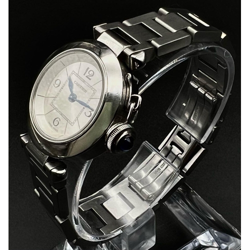 259 - CARTIER PASHA LADIES WATCH IN STAINLESS STEEL, IN ORIGINAL BOX.  28mm