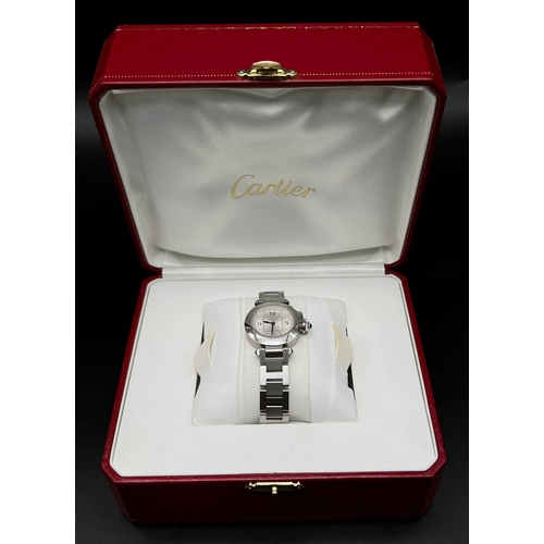 259 - CARTIER PASHA LADIES WATCH IN STAINLESS STEEL, IN ORIGINAL BOX.  28mm