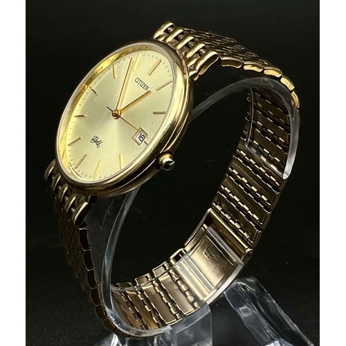 294 - A 9K GOLD CITIZEN GENTS WRIST WATCH ON SOLID GOLD STRAP. 34mm  QUARTZ MOVEMENT.