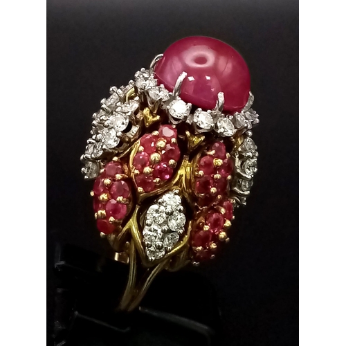 199 - The Ultimate Statement Ring! An 18k Yellow gold Ruby and Diamond Masterpiece. A 16ct natural ruby ca... 