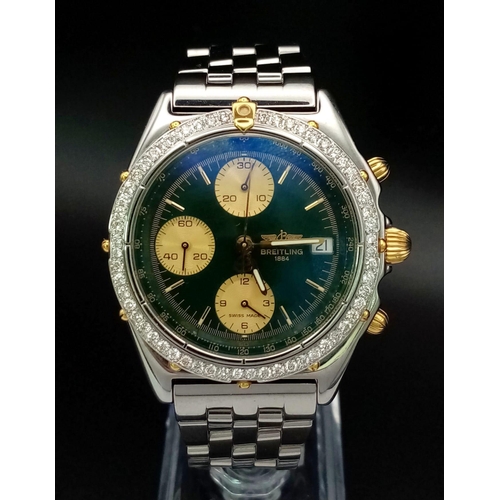 21 - A Rare Green Dial with Diamond Bezel Breitling Chronograph Gents Watch. Stainless steel strap and ca... 