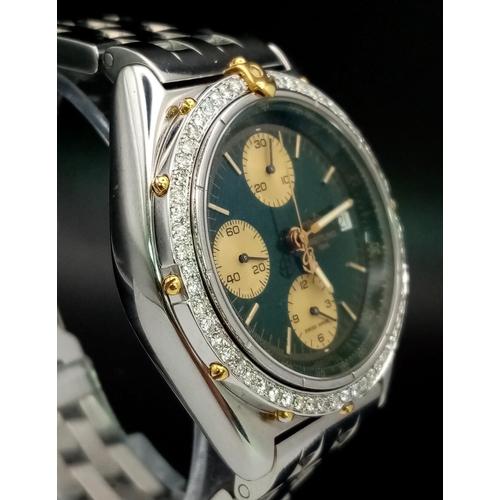 21 - A Rare Green Dial with Diamond Bezel Breitling Chronograph Gents Watch. Stainless steel strap and ca... 