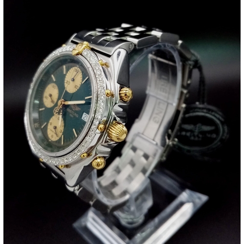 21 - A Rare Green Dial with Diamond Bezel Breitling Chronograph Gents Watch. Stainless steel strap and ca... 