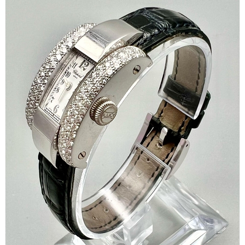 358 - A Chopard La Strada 18k White Gold and Diamond Ladies Watch. Original black leather Chopard strap wi... 