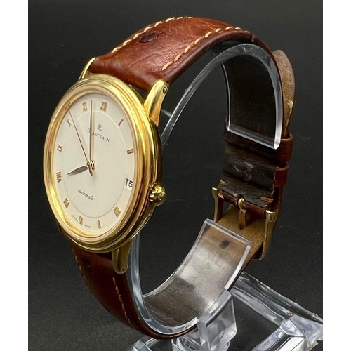 367 - A Vintage 18K Gold Blancpain Automatic Gents Watch. Original brown leather strap and 18k gold buckle... 