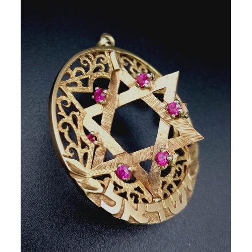 479 - A Vintage Revolving Star of David 18K Gold, Ruby and Turquoise Pendant. Beautiful pierced decoration... 