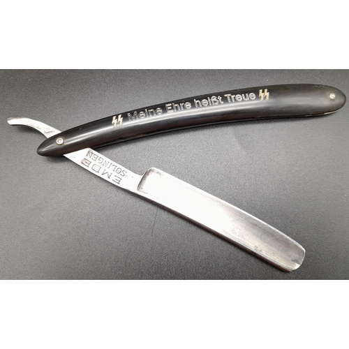 331 - WW2 Period Cut Throat Razor with Waffen SS Runes and Motto. Solingen Blade.