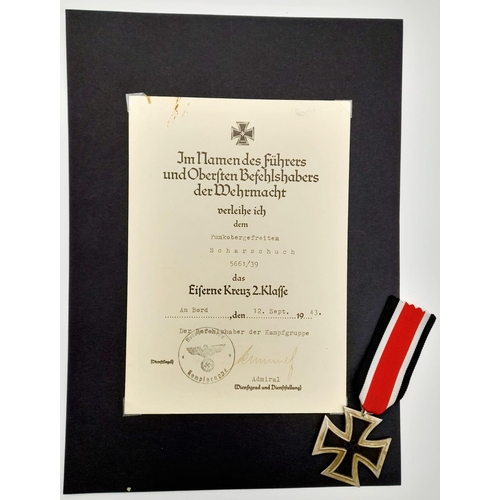 69 - WW2 German Kriegsmarine Iron Cross 2nd Class and certificate awarded to an Nco radio operator.