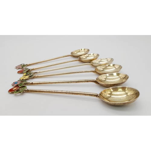 1109 - Six Vintage 925 Silver Gilded Spoons each with an Enamel Flower Motif. Birmingham hallmarks. 36g tot... 