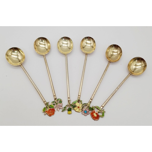 1109 - Six Vintage 925 Silver Gilded Spoons each with an Enamel Flower Motif. Birmingham hallmarks. 36g tot... 