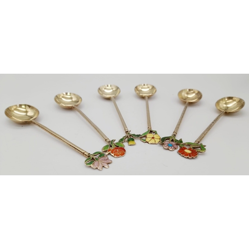 1109 - Six Vintage 925 Silver Gilded Spoons each with an Enamel Flower Motif. Birmingham hallmarks. 36g tot... 