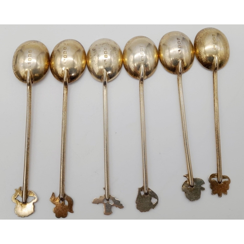 1109 - Six Vintage 925 Silver Gilded Spoons each with an Enamel Flower Motif. Birmingham hallmarks. 36g tot... 