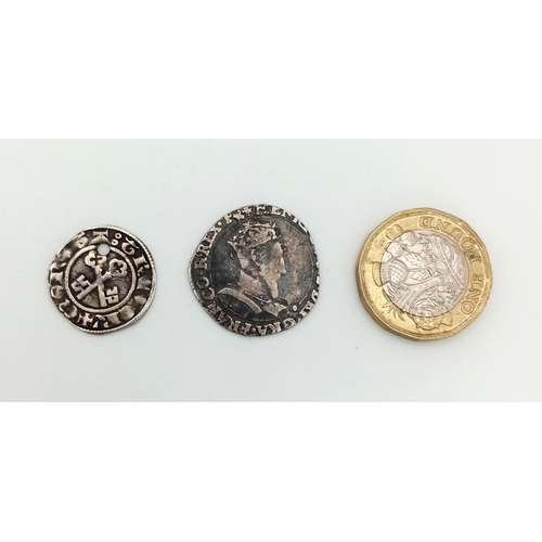 137 - A Parcel of 2 Antique Silver Hammered German Coins, One dated 1549, other date unidentified.