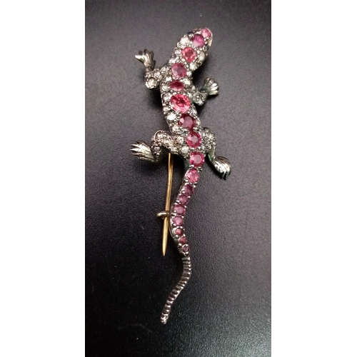 250 - A Rare Victorian Ruby and Diamond High-Karat Salamander Brooch. Vibrant rubies and diamonds set in s... 