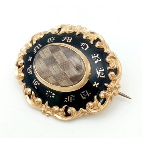 39 - An Exquisite Victorian High-Karat and Black Enamel Mourning Brooch. 1870 inscription on back. This r... 