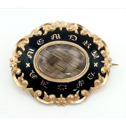 39 - An Exquisite Victorian High-Karat and Black Enamel Mourning Brooch. 1870 inscription on back. This r... 