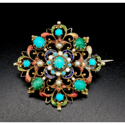 549 - A Mid-19th Century Turquoise, Enamel and Pearl Brooch (In the style of Carlo Giuliano) set in High-K... 